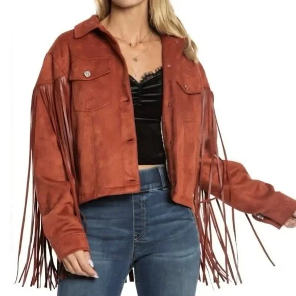 Juicy Couture Fringe trucker jacket jean denim rust orange Western cowboy new S - Picture 1 of 5